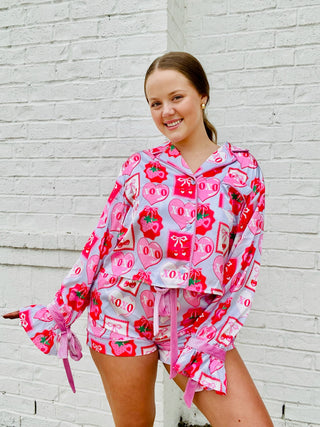 XOXO Bow Pajama Set- lounge,LOUNGE SET,Loungewear,pajama pants,pajama set,pajama shorts,pajama top,pajamas,Seasonal,VALENTINE,Valentine Collection,valentine pjs,valentine shorts,VALENTINES,VALENTINES GIFT-Ace of Grace Women's Boutique