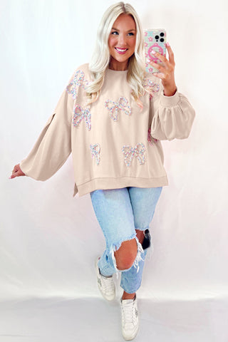 Embroidered Bow Sleeve Oversized Pullover-Tops/Sweatshirts & Hoodies- Color Khaki,Craft Applique,Craft Embroidery,Curvy,Day Valentine's Day,Detail Bow,Full Size S-3XL,Occasion Daily,Print Bow,Season Fall & Autumn,Style Southern Belle,Tiktok Showroom,Tops-Ace of Grace Women's Boutique