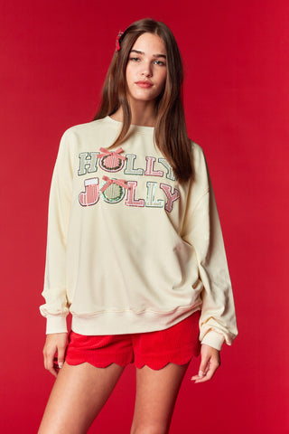 Holly Jolly Embroidered Sweatshirt- CHRISTMAS,clothing,Holly Jolly,holly jolly pullover,Seasonal,Tops-Ace of Grace Women's Boutique