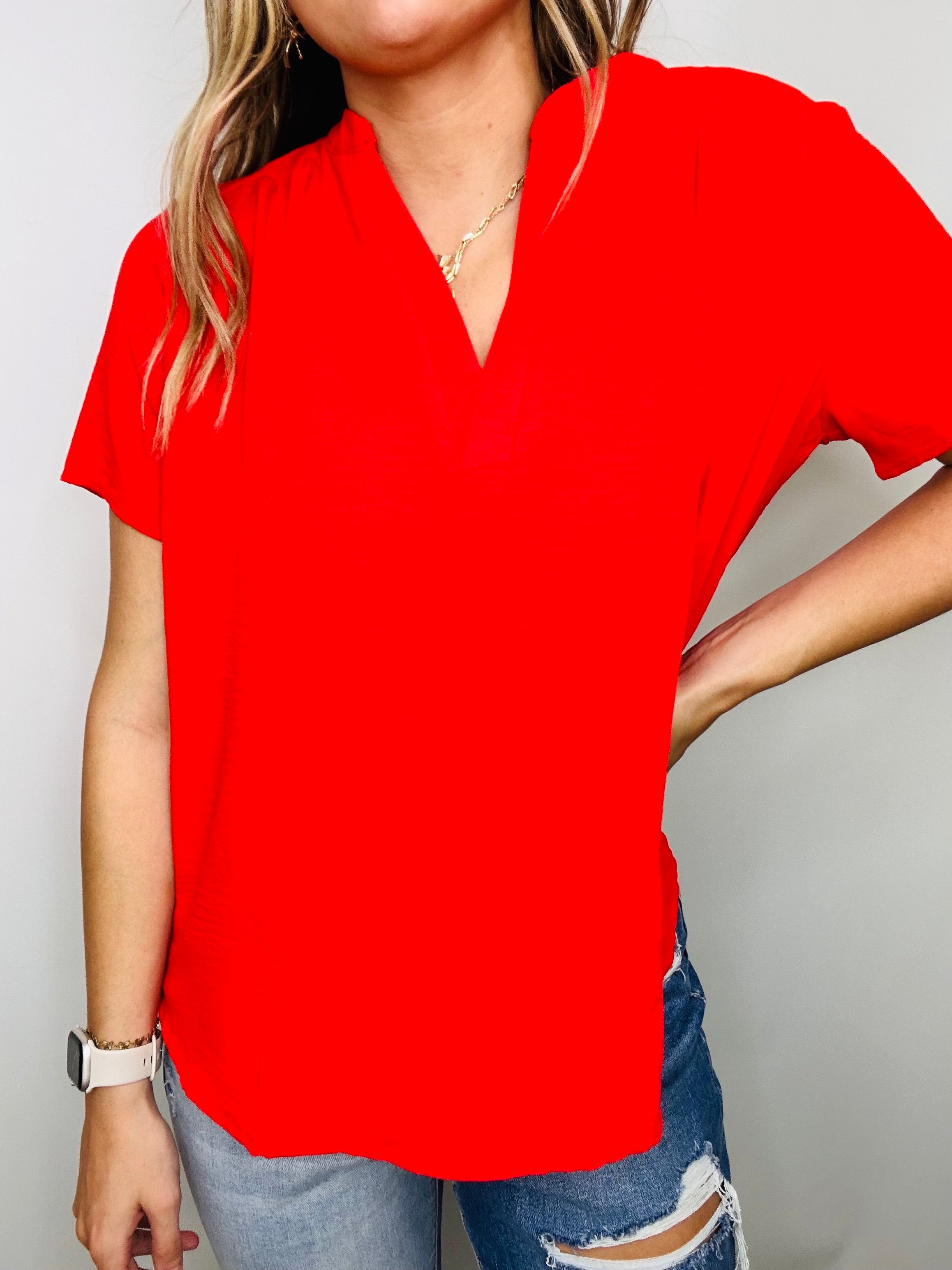 Classic Red Work V Neck Top