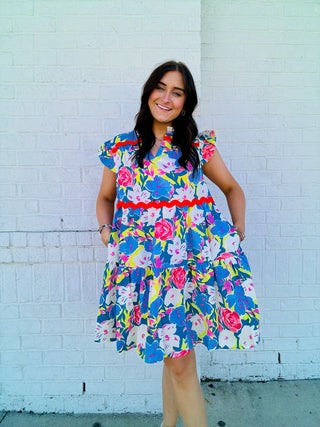 Blue Floral Dress with Ric Rac Trim- church dress,clothing,Curvy,dresses & rompers,Easter,Easter dress,floral,floral dress,floral pattern,floral print,florals,PLUS,Ric rac,SPRING,Spring dress-Ace of Grace Women's Boutique