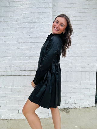 Black Leather Babydoll Dress- BLACK, black dress, black leather, church dress, Curvy, dresses & rompers, LEATHER, LEATHER DRESS, Pleather-Ace of Grace Women's Boutique