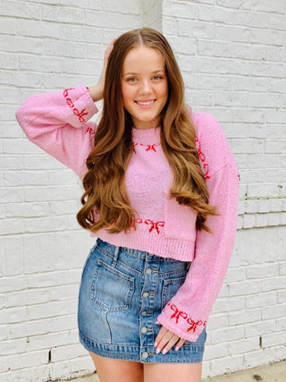 Pink & Red Coquette Bow Sweater- BOW,Bow detail,bow sweater,BOWS,clothing,DATE NIGHT,HEART,ribbon,Ribbons,Seasonal,Tops,VALENTINE,valentine pullover,VALENTINES,VALENTINES GIFT,VALENTINES TOP-Ace of Grace Women's Boutique