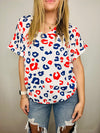 Red, White, & Blue Cheetah V Neck Top- casual, CHEETAH, CHEETAH PRINT, CHEETAH TOP, game, game day, Game day shirt, game days, gameday, work, WORK SHIRT, WORK TOP-Ace of Grace Women's Boutique