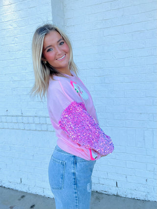 Pink Sequin Santa Top- CHRISTMAS, CHRISTMAS GRAPHIC TEE, Christmas Longsleeve, CHRISTMAS SHIRT, christmas sweatshirt, Christmas tee, christmas top, Christmas tshirt, clothing, Curvy, HOLIDAYS, HOT PINK, LIGHT PINK, MERRY CHRISTMAS, pink, Santa, SANTA BABY, Santa shirt, SANTA’S FAVORITE, Seasonal, SEQUIN, sequin top, SEQUINS, sparkle season, Tops-Ace of Grace Women's Boutique