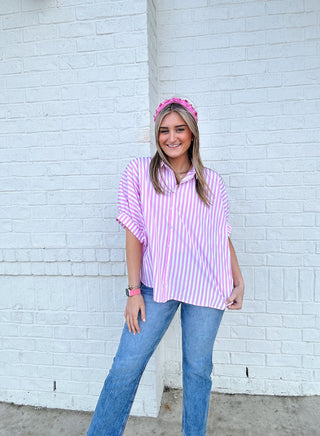 Pink Oversized Button Down Striped Shirt- clothing, dresses & rompers, pink striped, pink striped top, STRIPED, STRIPED TOP, Tops, VALENTINES, VALENTINES TOP, work, WORK SHIRT, WORK TOP-Ace of Grace Women's Boutique