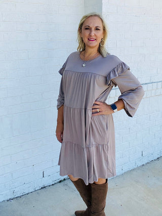 Tiered Ruffle Detail Dress - Mocha- colorful dress,Curvy,dress,dresses & rompers,Dressy,Midi Dress,plus dress,plus size dress,teacher-Ace of Grace Women's Boutique
