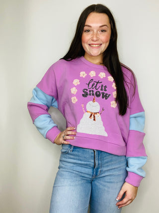 Let It Snow Cropped Color Block Sleeve Pullover- CHRISTMAS,Christmas Longsleeve,CHRISTMAS SHIRT,christmas sweatshirt,clothing,FALL,fall clothes,holiday,HOLIDAYS,let it snow,MERRY CHRISTMAS,outerwear,Seasonal,snow,sparkle season,Tops,winter-Ace of Grace Women's Boutique