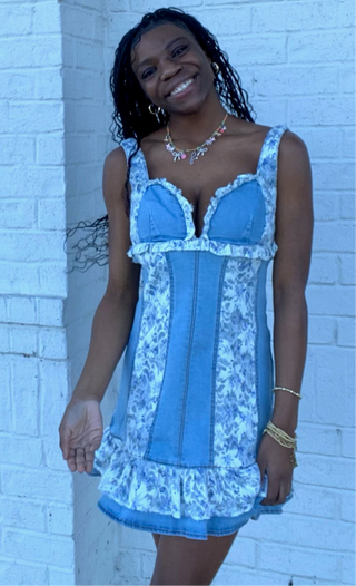 Denim & Lace Ruffled Mini Dress- BLUE DENIM, clothing, denim, denim color, DENIM DRESS, dresses & rompers, LACE, LACE DRESS, LIGHT DENIM, Love shack, Love shack fancy, RUFFLE, ruffled-Ace of Grace Women's Boutique