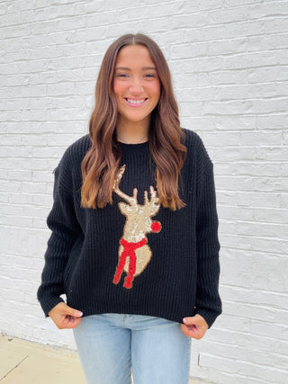 Black Reindeer Sweater- CHRISTMAS, CHRISTMAS CHEER, Christmas Longsleeve, CHRISTMAS SHIRT, christmas sweatshirt, Christmas tee, christmas top, clothing, Curvy, holiday, HOLIDAYS, MERRY CHRISTMAS, REINDEER, reindeer shirt, RUDOLPH, Rudopl, Seasonal, Tops-Ace of Grace Women's Boutique