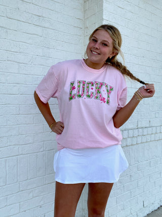 Pink Lucky Clover Tee- clover,COMFORT COLOR,Comfortable,COMFY,Curvy,FOUR LEAF CLOVER,GREEN,Green shirt,lucky,pink,Seasonal,Tops-Ace of Grace Women's Boutique