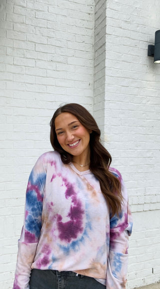 Oversized Tie Dye Top- blue tie dye, clothing, FALL, fall clothes, TIE DYE, tie dye shirt, tie dye top, Tops, vneck-Ace of Grace Women's Boutique