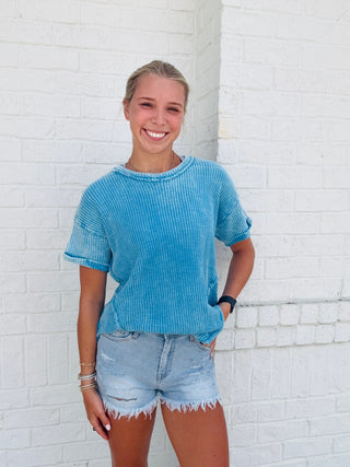 Washed Waffle Short Sleeve Top- clothing,Curvy,mineral,MINERAL WASH,MINERAL WASHED,PLUS,Tops,waffle,WAFFLE KNIT,WAFFLE KNIT TOP-Ace of Grace Women's Boutique