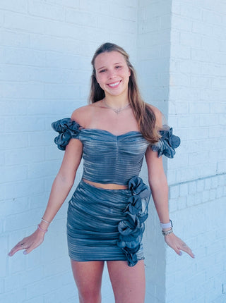 Gunmetal Iridescent Ruffle Tube Top- clothing,GRAY,GUNMETAL,MATCHING SET,Sale,Sets,Tops,TWO PIECE SET-Ace of Grace Women's Boutique