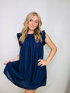 Midnight Blue Ruffle Sleeve Dress- blue dress, church dress, dress, flowy dress, tiered dress-Ace of Grace Women's Boutique