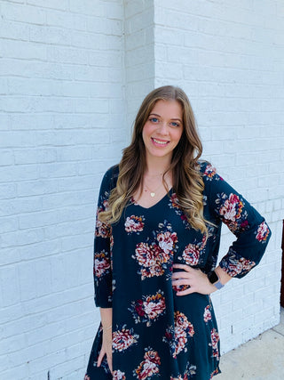 FLORAL PRINT TUNIC DRESS- church dress,clothing,dresses & rompers,FALL,fall clothes,floral-Ace of Grace Women's Boutique