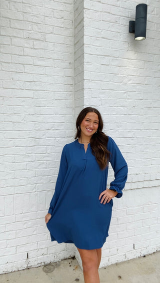 Long Sleeve Dress with Collared Neck- blue dress, church dress, clothing, COLLARED DRESS, Curvy, dress, dresses & rompers, Dressy, FALL, fall clothes, flowy dress, GREEN DRESS, GREEN PLUS SIZE DRESS, NAVY, Navy blue, olive, plus size dress, WOMENS DRESS, WOVEN-Ace of Grace Women's Boutique