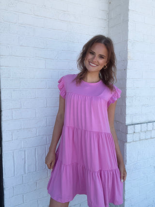 Ruffle Sleeve Tiered Dress- beach dress,church dress,colorful dress,dress,dresses & rompers,Easter dress,floral dress,flowy dress,mini dress,pink dress,plus dress,plus size dress,summer dress,tiered dress-Pink-S-Ace of Grace Women's Boutique