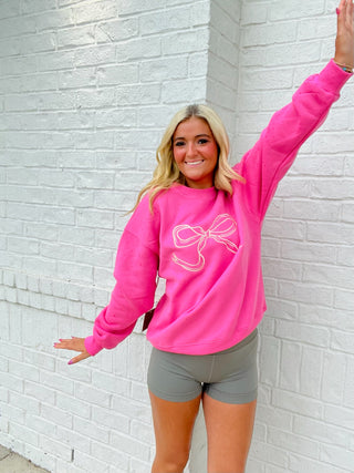 Embroidered Bow Sweatshirt- BOW, bow top, comfy sweatshirt, MadelynnGrace, pink sweatshirt, ribbon, sweatshirt, SWEATSHIRTS, Tops-Ace of Grace Women's Boutique