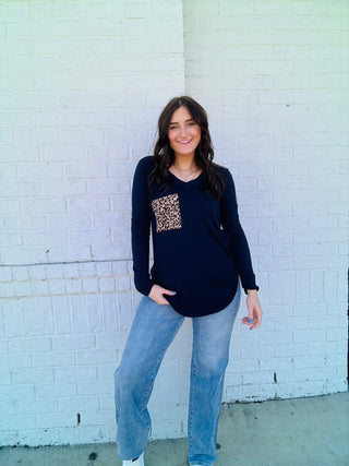 Long Sleeve Cheetah Pocket Tee- clothing,Curvy,Tops-Ace of Grace Women's Boutique