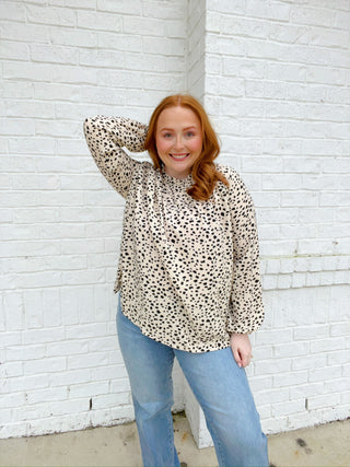 Dalmatian Top | 2 Colors- animal, ANIMAL PRINT, BLACK, clothing, CREAM, Curvy, Dalmation, DATE NIGHT, Perfect for work, Spotted, Tops, work, WORK SHIRT, WORK TOP-Ace of Grace Women's Boutique