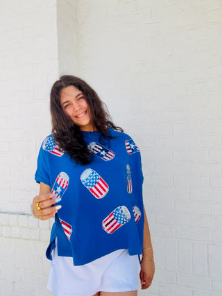 Patriotic Drink Can Embellished Top- 4th of july,AMERICAN FLAG,July,July 4,July 4th,oversized,OVERSIZED TEE,OVERSIZED TOP,patriotic,Red white blue,Seasonal,SEQUIN,Tops-Ace of Grace Women's Boutique