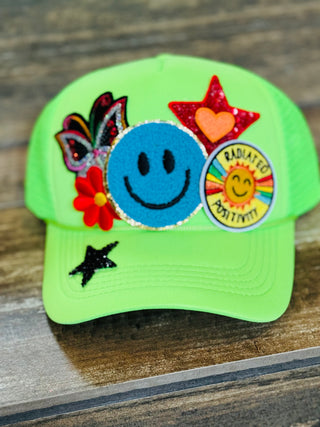 Radiated Positivity Trucker Hat- Accessories, accessory, cap, hair accessory, happy, happy face, lime, LIME GREEN, MadelynnGrace, Positivity, smile, smiles, smiley, smiley face, smileyface, Sunshine, trucker hat, trucker hats-Ace of Grace Women's Boutique