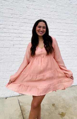 Soft Crinkled Long Sleeve Dress- BLUSH, church dress, clothing, colorful dress, dress, dresses & rompers, Dressy, dressy shorts, flowy dress, LONG SLEEVE, long sleeves, mini dress, pink dress, ruched dress, RUFFLED DRESS, SILK DRESS, WOMENS DRESS-Ace of Grace Women's Boutique