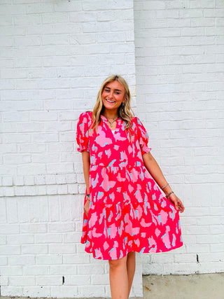 Hot Pink Ruched Sleeve Dress- colorful dress, Curvy, dress, dresses & rompers, flowy dress, summer dress, tiered dress-Ace of Grace Women's Boutique