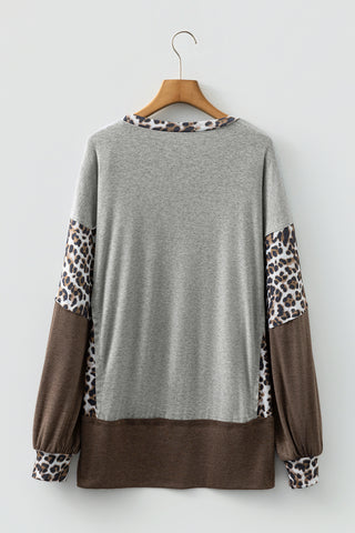 Gray Color Block Leopard Patchwork Dolman Sleeve High Low Baggy Sweatshirt-Tops/Sweatshirts & Hoodies- Best Sellers,Color Gray,Craft Patchwork,Occasion Daily,Print Color Block,Print Leopard,Season Fall & Autumn,Style Casual-Ace of Grace Women's Boutique