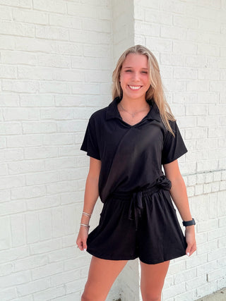 Black Collared Two Piece Set- 2 piece set,active set,Bottoms,clothing,COZY SET,Curvy,MATCHING,MATCHING SET,Matxh,PLUS,plus size,Sets,Tops-Ace of Grace Women's Boutique