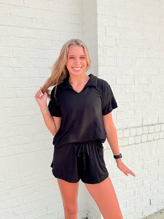 Black Collared Two Piece Set- 2 piece set,active set,Bottoms,clothing,COZY SET,Curvy,MATCHING,MATCHING SET,Matxh,PLUS,plus size,Sets,Tops-Ace of Grace Women's Boutique