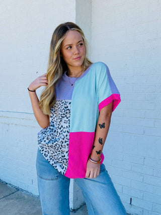 Ribbed Colorblock Top- animal, ANIMAL PRINT, CHEETAH, CHEETAH PRINT, clothing, Curvy, LEOPARD, LEOPARD PRINT, Pink shirt, ribbed, RIBBED FABRIC, ribbed mom top, RIBBED TOP, summer shirt, Tops-Ace of Grace Women's Boutique