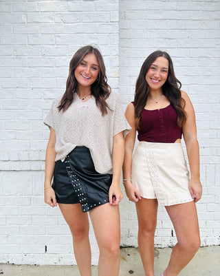 Leather Studded Skort | 2 colors- black leather, BLACK LEATHER SKIRT, black Skort, Bottoms, clothing, cream skort, cream studded skort, faux leather, game, game day, game day skort, game days, gameday, LEATHER, LEATHER SHORTS, leather skirt, LEATHER SKORT, Pleather, skort, wrap skort-Ace of Grace Women's Boutique