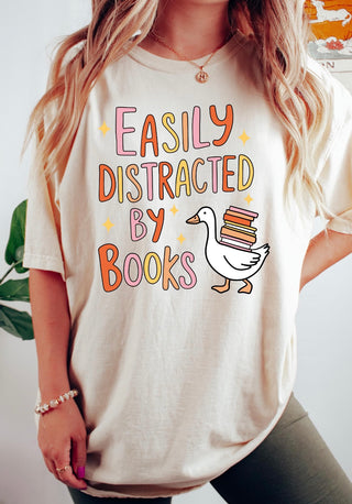 Easily Distracted by Books Tee (Custom)- Books,Curvy,Goose,graphic T-shirt,GRAPHIC TEE,Graphic Tees,graphic tshirt,Pressed,Tops-Ace of Grace Women's Boutique
