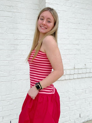 Strapless Striped Mini Dress- clothing, Dress, dresses & rompers, pink, pink striped, RED, red dress, Seasonal, Stripe, STRIPED, striped dress, stripes, VALENTINE, Valentine Collection, VALENTINES, VALENTINES DRESS-Ace of Grace Women's Boutique