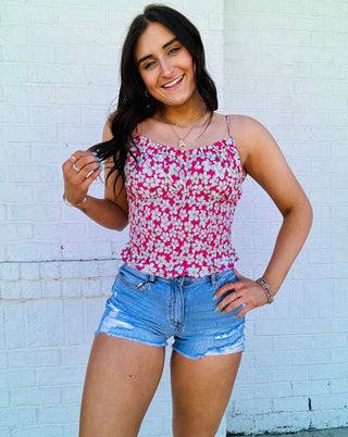 Pink Floral Runched Tank- clothing,NEW,summer tank,tank top,Tops-Ace of Grace Women's Boutique