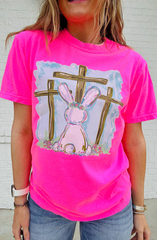 Neon Pink Easter Bunny Cross Tee- clothing,COMFORT COLOR,Curvy,Easter,EASTER GRAPHIC TEE,Graphic Tees,HOT PINK TEE,Seasonal,TEE,tee shirt,Tops-Ace of Grace Women's Boutique