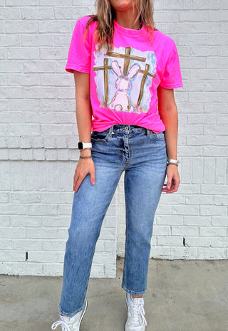 Neon Pink Easter Bunny Cross Tee- clothing,COMFORT COLOR,Curvy,Easter,EASTER GRAPHIC TEE,Graphic Tees,HOT PINK TEE,Seasonal,TEE,tee shirt,Tops-Ace of Grace Women's Boutique
