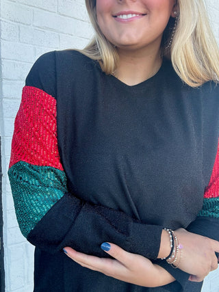 Red and Green Sequin Black Top- christian shirt,CHRISTMAS,Curvy,Seasonal,SEQUIN,Tops-Ace of Grace Women's Boutique