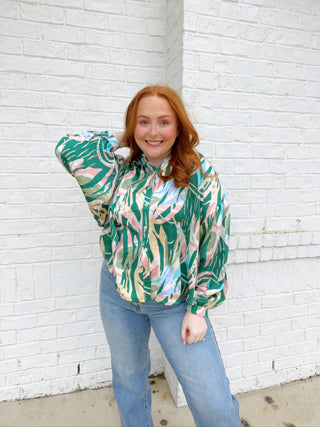 Green Multicolor Print Top- clothing,Curvy,Dolman,GREEN,Green shirt,LONG SLEEVE,long sleeve top,long sleeves,longsleeve,Perfect for work,PLUS,plus size,PLUS SIZE TEE,PLUS SIZE TOP,PLUS SIZE TSHIRT,Pretty,Tops,work,WORK SHIRT,WORK TOP-Ace of Grace Women's Boutique