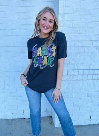 Classic Black Bead Mardi Gras Tee- clothing, Curvy, MARDI GRAS, MARDI GRAS TEE, MARDI GRAS TOP, PLUS, plus size, plus size graphic tee, Seasonal, Tops-Ace of Grace Women's Boutique
