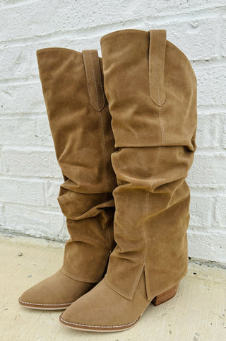 Brown Foldover Slit Boot- BOOTS, cowboy boots, cowgirl boots, Foldover, FOOTWEAR, gameday, Shoes, SIDE SLIT, suede boots, tall boots, tan boots, taupe boots-Ace of Grace Women's Boutique