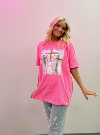 Neon Pink Easter Bunny Cross Tee- clothing,COMFORT COLOR,Curvy,Easter,EASTER GRAPHIC TEE,Graphic Tees,HOT PINK TEE,Seasonal,TEE,tee shirt,Tops-Ace of Grace Women's Boutique