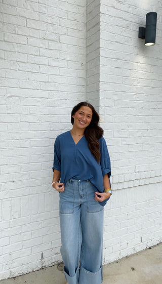 Blue V-neck Puff Sleeve Top- blue, blue top, clothing, Curvy, FALL, fall clothes, fall transition, loose fit, Perfect for work, PUFF, PUFF SLEEVE, puff sleeves, Tops, work, WORK SHIRT, WORK TOP-Ace of Grace Women's Boutique