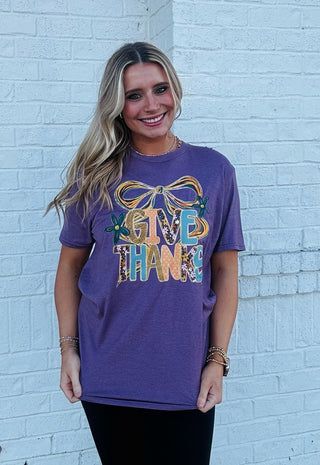 Plum Give Thanks Graphic Tee- clothing,graphic,graphic T-shirt,GRAPHIC TEE,Graphic Tees,graphic tshirt,Seasonal,thanksgiving,thanksgiving shirt,Tops-Ace of Grace Women's Boutique