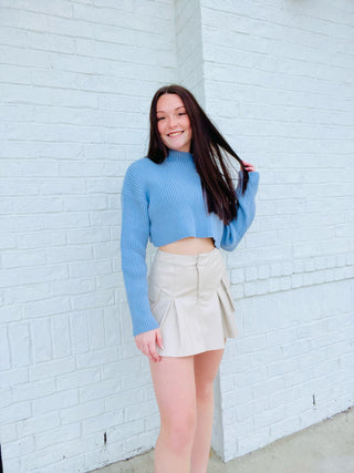 Dusty Blue Long Sleeve Ribbed Crop Sweater- blue sweater, clothing, cropped sweater, fuzzy sweater, knit sweater, SWEATER., Tops-Ace of Grace Women's Boutique