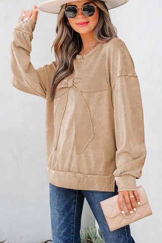 Beige Mineral Wash Bow Pullover-Tops/Sweatshirts & Hoodies- All In Stock,Best In Stock,BOW,Bow detail,BOWS,clothing,Color Brown,Craft Applique,Craft Washed,Curvy,Detail Bow,Occasion Daily,Season Fall & Autumn,Style Western,Tops-Ace of Grace Women's Boutique