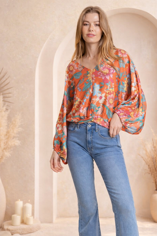 Floral Print Long Sleeve V-Neck Top- Curvy,floral,floral pattern,floral print,FLORAL TOP,florals,PUFF,PUFF SLEEVE,puff sleeves,Tops,v-neck,V-NECK TOP,vneck-Ace of Grace Women's Boutique