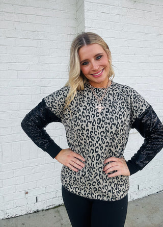 Sequin Sleeve Leopard Print Top- clothing,curv,Curvy,LEOPARD,PLUS,SEQUIN,sequin top,SEQUINS,Tops-Ace of Grace Women's Boutique